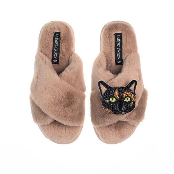 laines london Classic Laines Slippers With Misty Cat Brooch