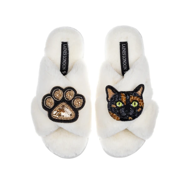 Laines London Classic Laines Slippers With Misty Cat & Paw Brooches