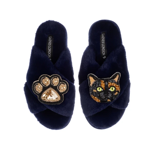 Laines London Classic Laines Slippers With Misty Cat & Paw Brooches
