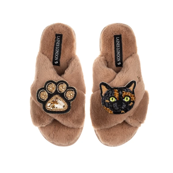 Laines London Classic Laines Slippers With Misty Cat & Paw Brooches