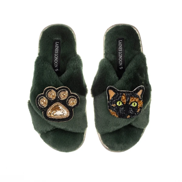 laines london Classic Laines Slippers With Misty Cat & Paw Brooches