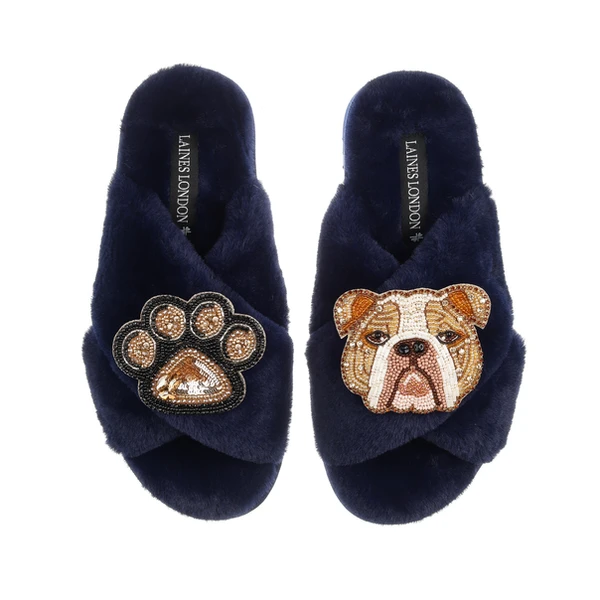 Laines London Classic Laines Slippers With Mr Beefy The Bulldog & Paw Brooches