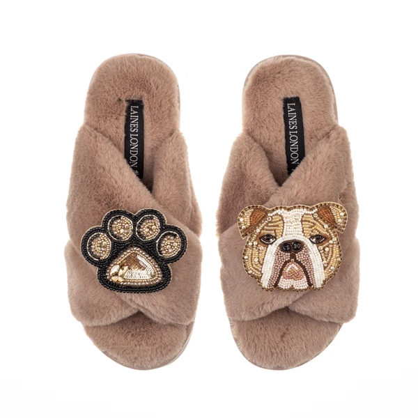 Laines London Classic Laines Slippers With Mr Beefy The Bulldog & Paw Brooches
