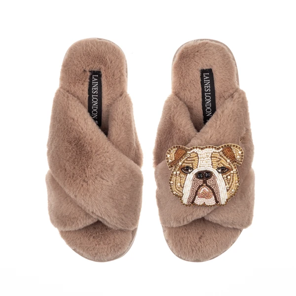 Laines London Classic Laines Slippers With Mr Beefy The Bulldog Brooch