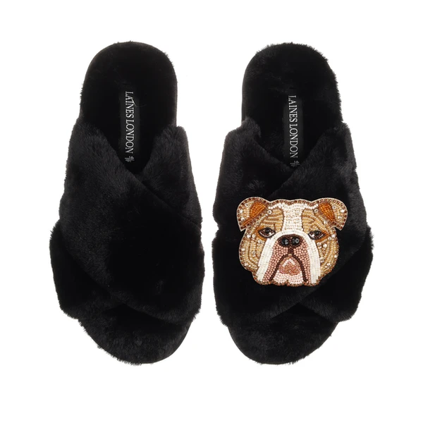 Laines London Classic Laines Slippers With Mr Beefy The Bulldog Brooch