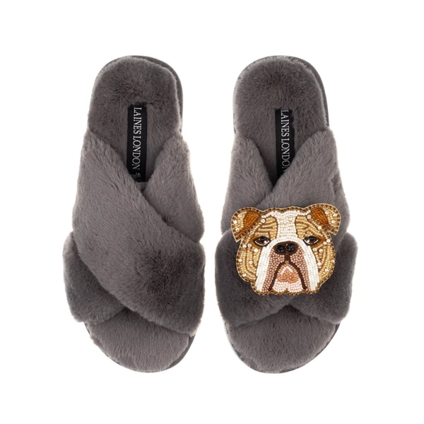 Laines London Classic Laines Slippers With Mr Beefy The Bulldog Brooch