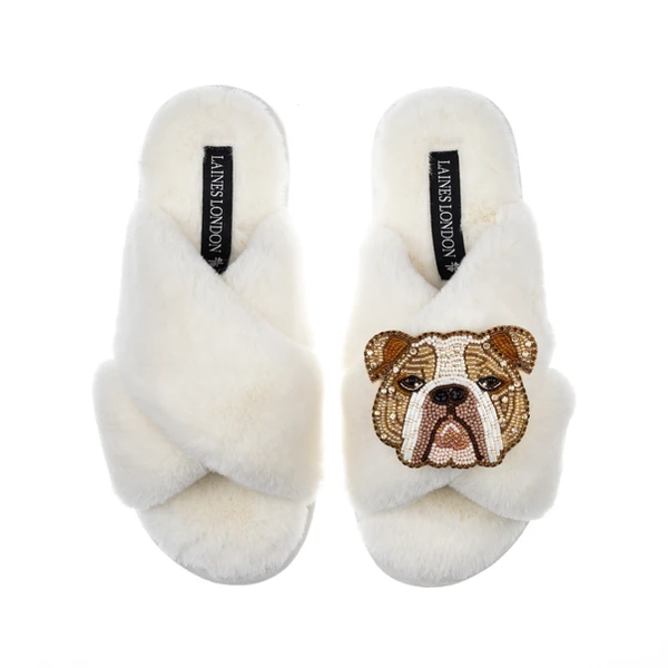 laines london Classic Laines Slippers With Mr Beefy The Bulldog Brooch