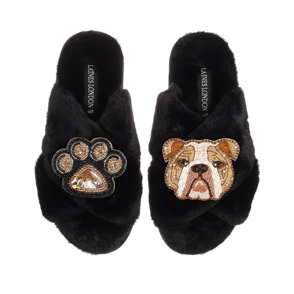 laines london Classic Laines Slippers With Mr Beefy The Bulldog & Paw Brooches