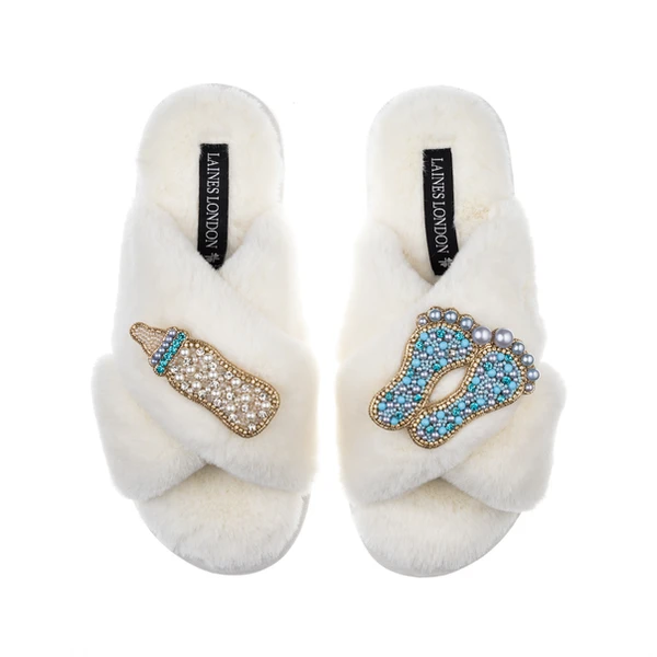 Laines London Classic Laines Slippers With New Baby Boy Brooches