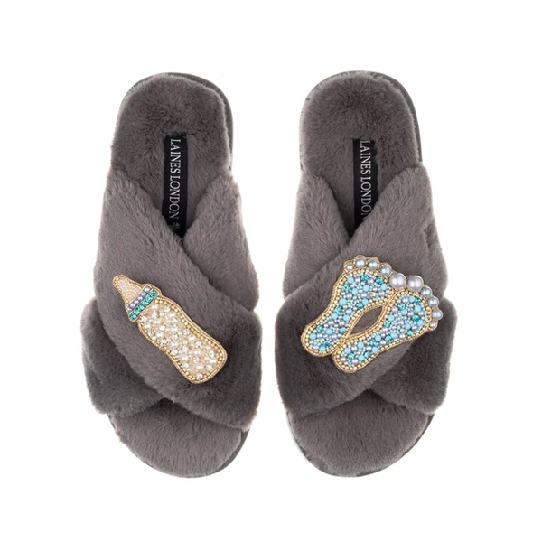 Laines London Classic Laines Slippers With New Baby Boy Brooches