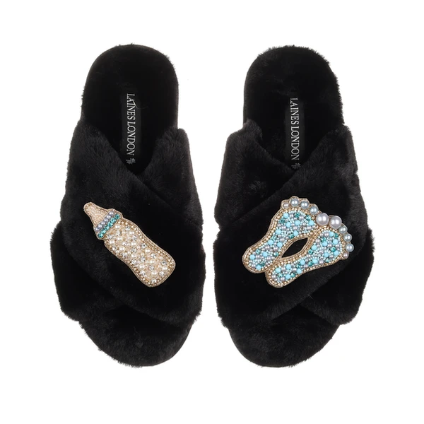 Laines London Classic Laines Slippers With New Baby Boy Brooches