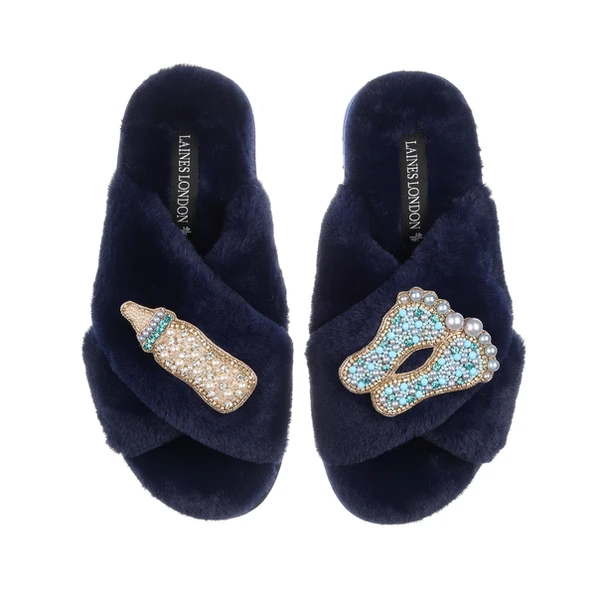 laines london Classic Laines Slippers With New Baby Boy Brooches