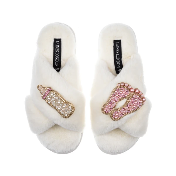 Laines London Classic Laines Slippers With New Baby Girl Brooches