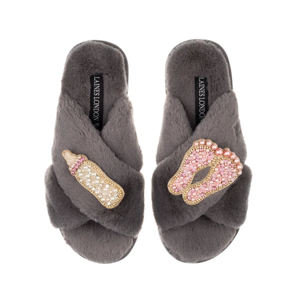 Laines London Classic Laines Slippers With New Baby Girl Brooches