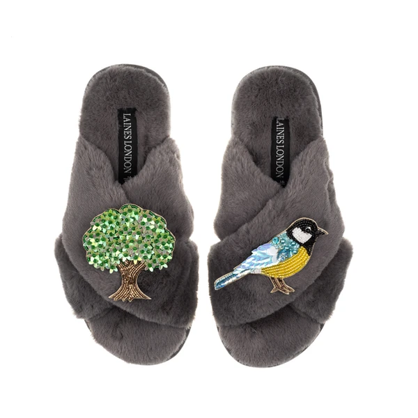 Laines London Classic Laines Slippers With Oak Tree & Blue Tit Brooches