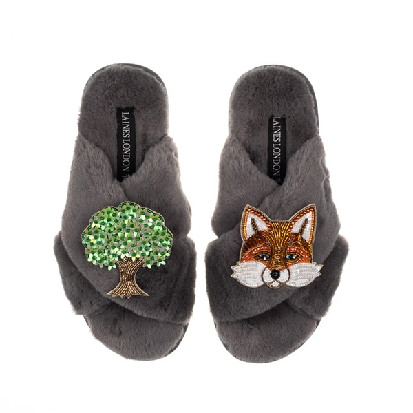 Laines London Classic Laines Slippers With Oak Tree & Fox Brooches