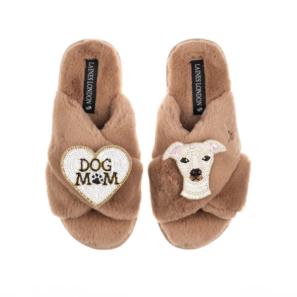 laines london Classic Laines Slippers With Olive The Iggy & Dog Mum / Mom Brooches