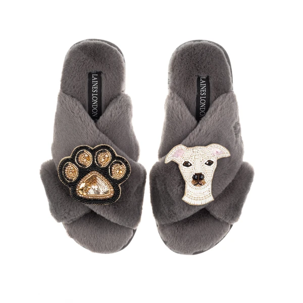 Laines London Classic Laines Slippers With Olive The Iggy & Paw Brooches