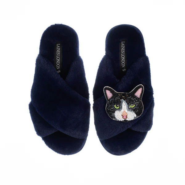 Laines London Classic Laines Slippers With Oreo Cat Brooch