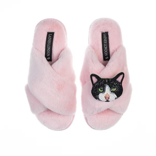 Laines London Classic Laines Slippers With Oreo Cat Brooch
