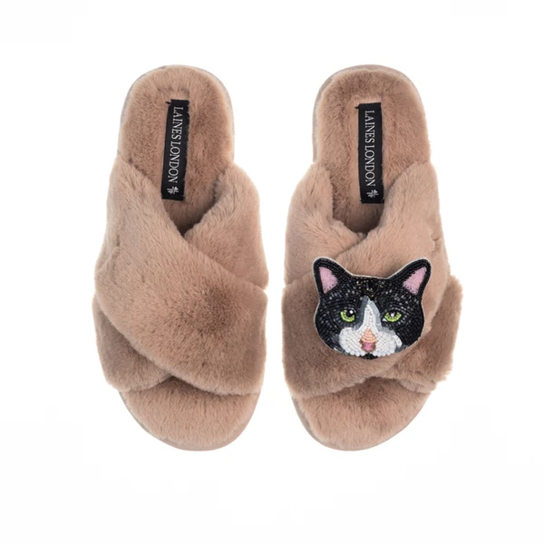 Laines London Classic Laines Slippers With Oreo Cat Brooch