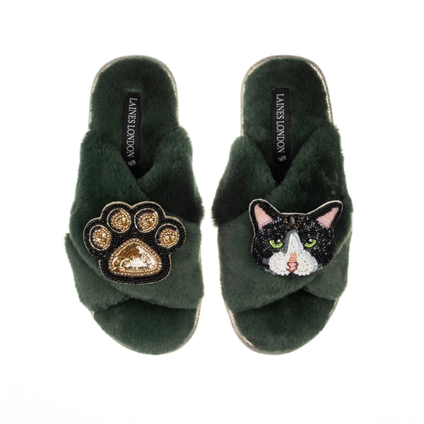 Laines London Classic Laines Slippers With Oreo Cat & Paw Brooches