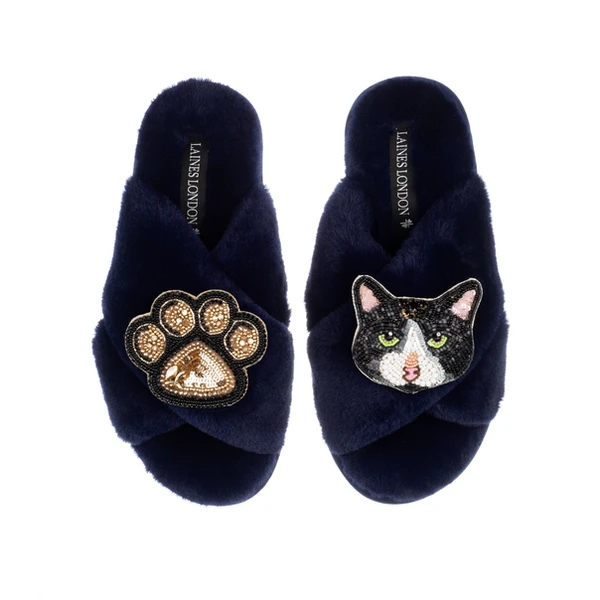 Laines London Classic Laines Slippers With Oreo Cat & Paw Brooches