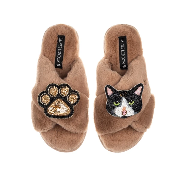 Laines London Classic Laines Slippers With Oreo Cat & Paw Brooches