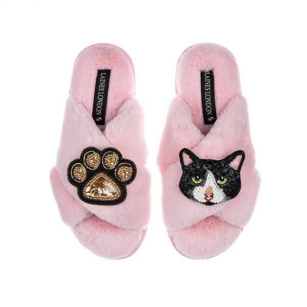 laines london Classic Laines Slippers With Oreo Cat & Paw Brooches