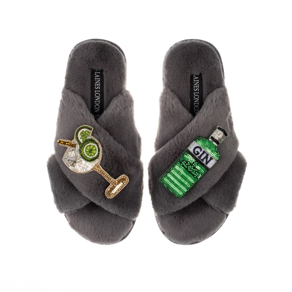 Laines London Classic Laines Slippers With Original Gin & Glass Brooches