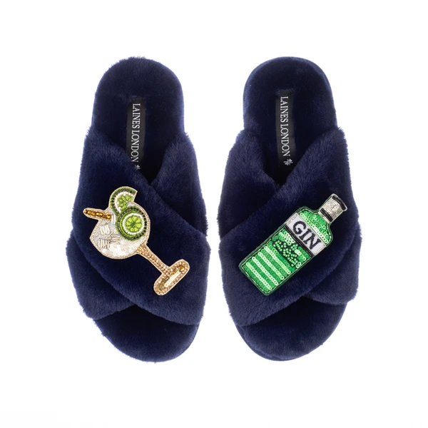 Laines London Classic Laines Slippers With Original Gin & Glass Brooches