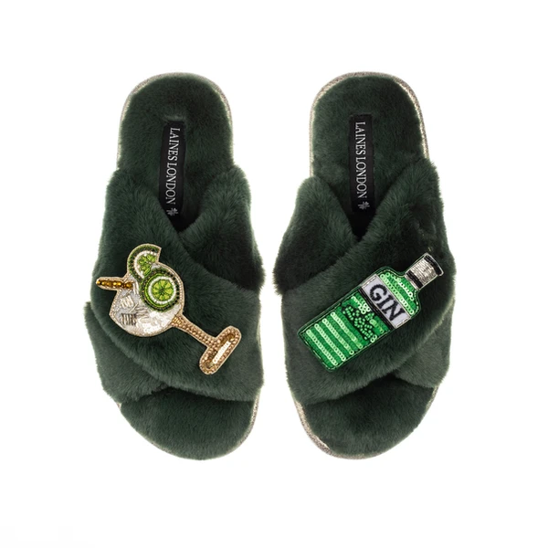 laines london Classic Laines Slippers With Original Gin & Glass Brooches