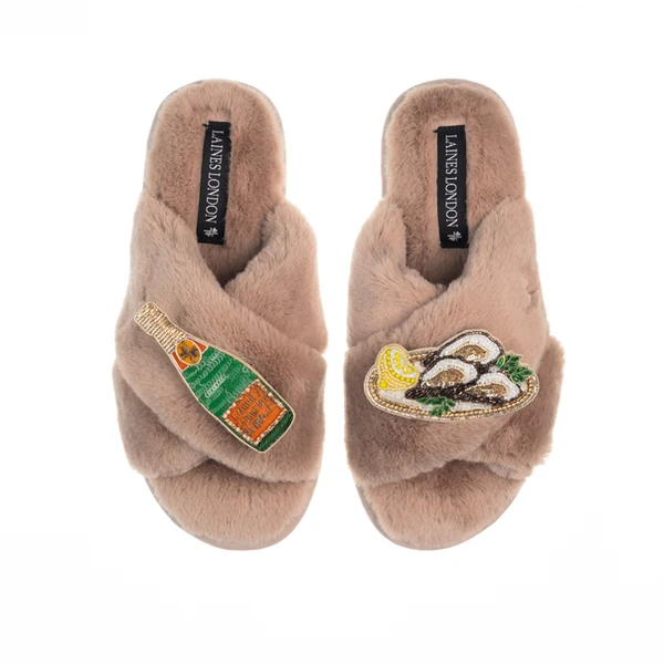 Laines London Classic Laines Slippers With Oysters & Champers Bottle Brooches