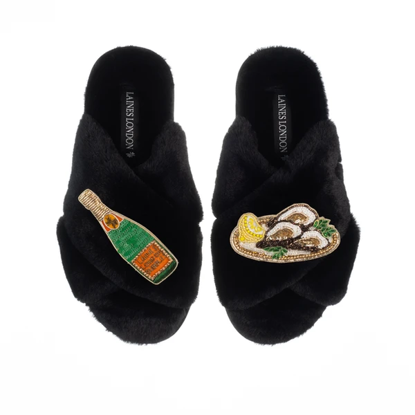 Laines London Classic Laines Slippers With Oysters & Champers Bottle Brooches