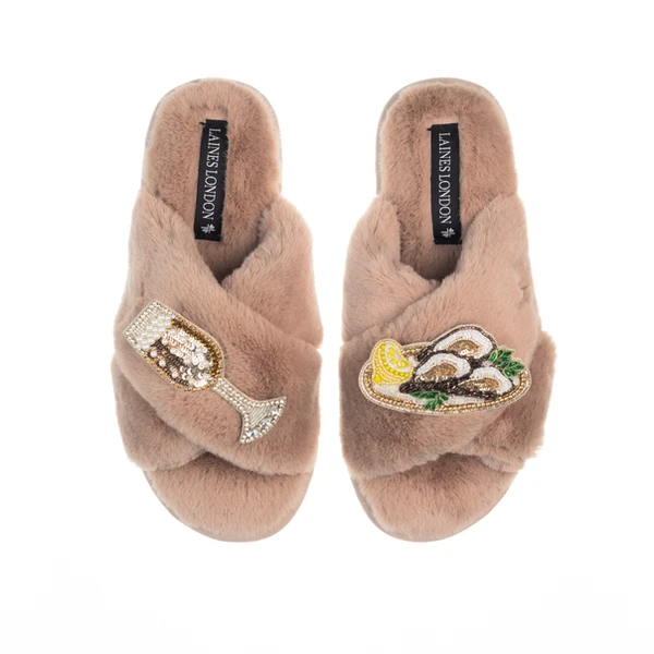 Laines London Classic Laines Slippers With Oysters & Glass Of Fizz Brooches