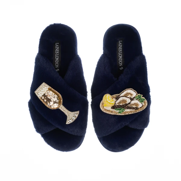 Laines London Classic Laines Slippers With Oysters & Glass Of Fizz Brooches