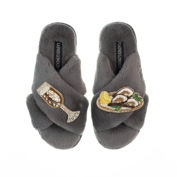 laines london Classic Laines Slippers With Oysters & Glass Of Fizz Brooches