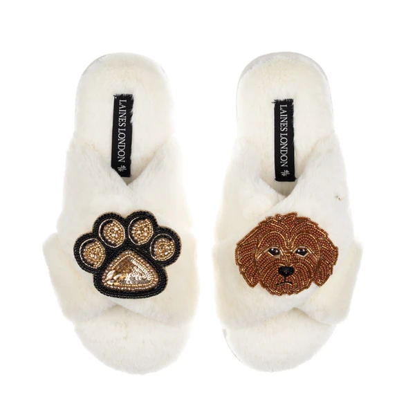 Laines London Classic Laines Slippers With Paw & Apricot Cockapoo Brooches