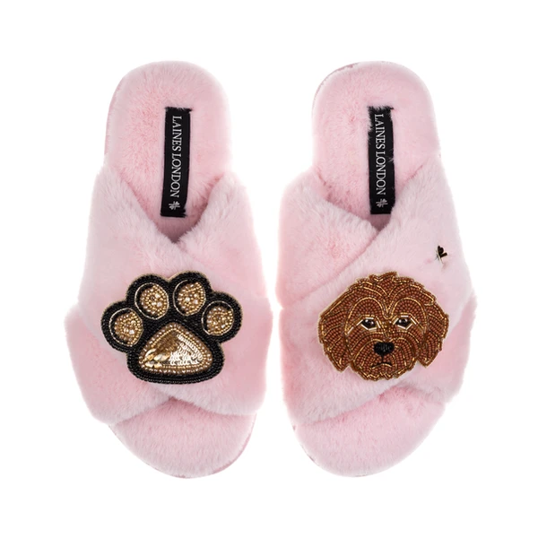 Laines London Classic Laines Slippers With Paw & Apricot Cockapoo Brooches