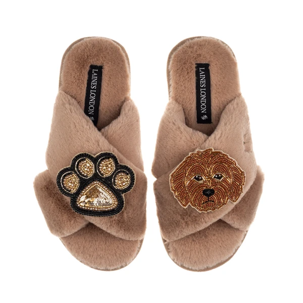 Laines London Classic Laines Slippers With Paw & Apricot Cockapoo Brooches