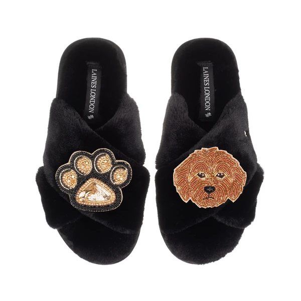 laines london Classic Laines Slippers With Paw & Apricot Cockapoo Brooches