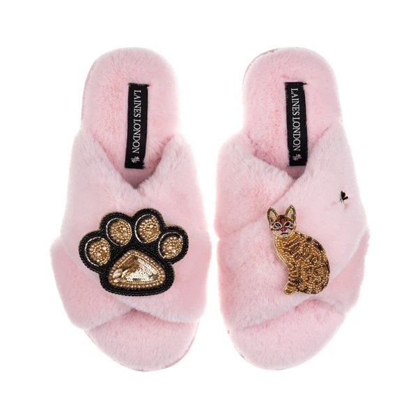 Laines London Classic Laines Slippers With Paw & Bengal Cat Brooches