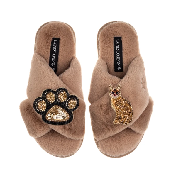 Laines London Classic Laines Slippers With Paw & Bengal Cat Brooches