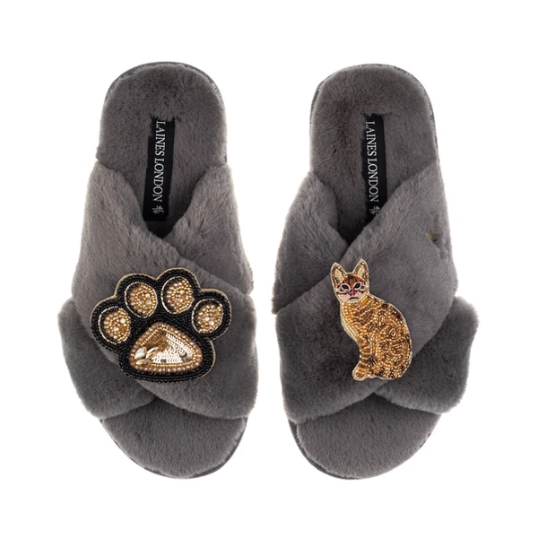 Laines London Classic Laines Slippers With Paw & Bengal Cat Brooches