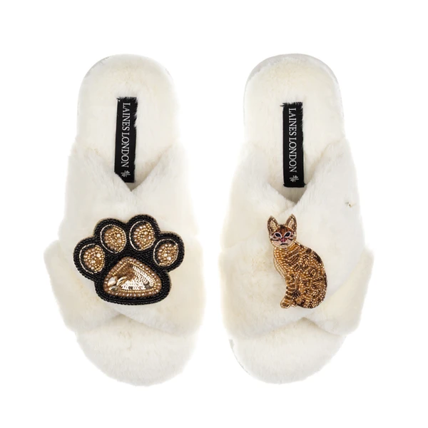 laines london Classic Laines Slippers With Paw & Bengal Cat Brooches