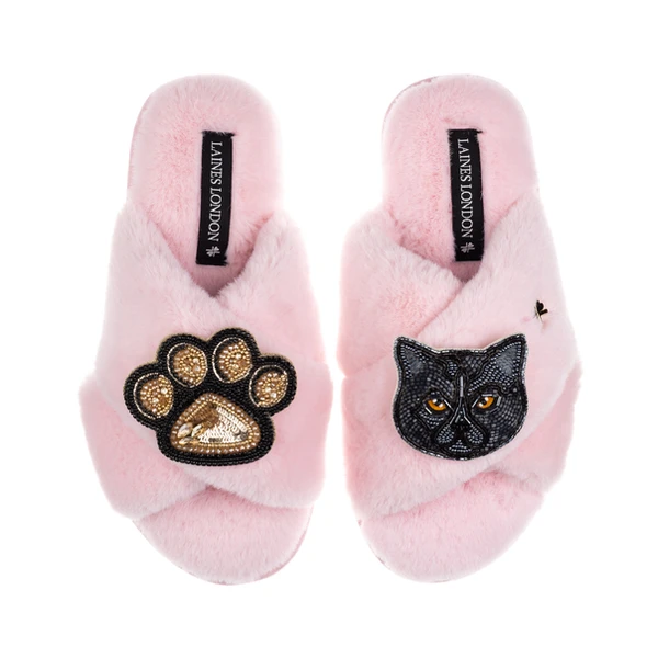 Laines London Classic Laines Slippers With Paw & Black British Shorthair Cat Brooches