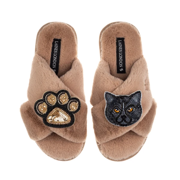 Laines London Classic Laines Slippers With Paw & Black British Shorthair Cat Brooches