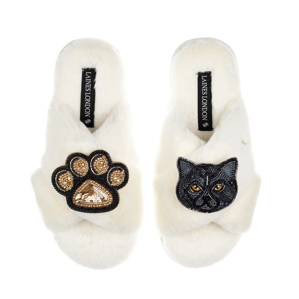 Laines London Classic Laines Slippers With Paw & Black British Shorthair Cat Brooches