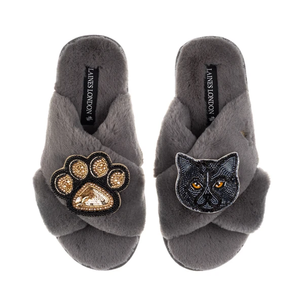 laines london Classic Laines Slippers With Paw & Black British Shorthair Cat Brooches