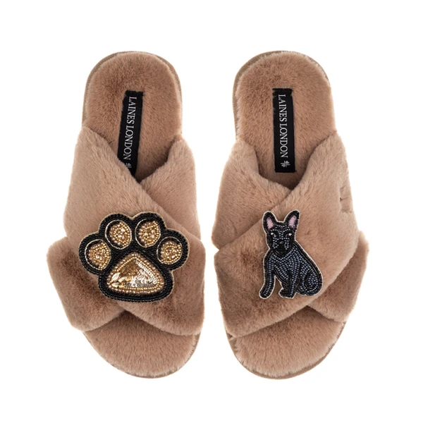 Laines London Classic Laines Slippers With Paw & Black Sitting French Bulldog Brooches